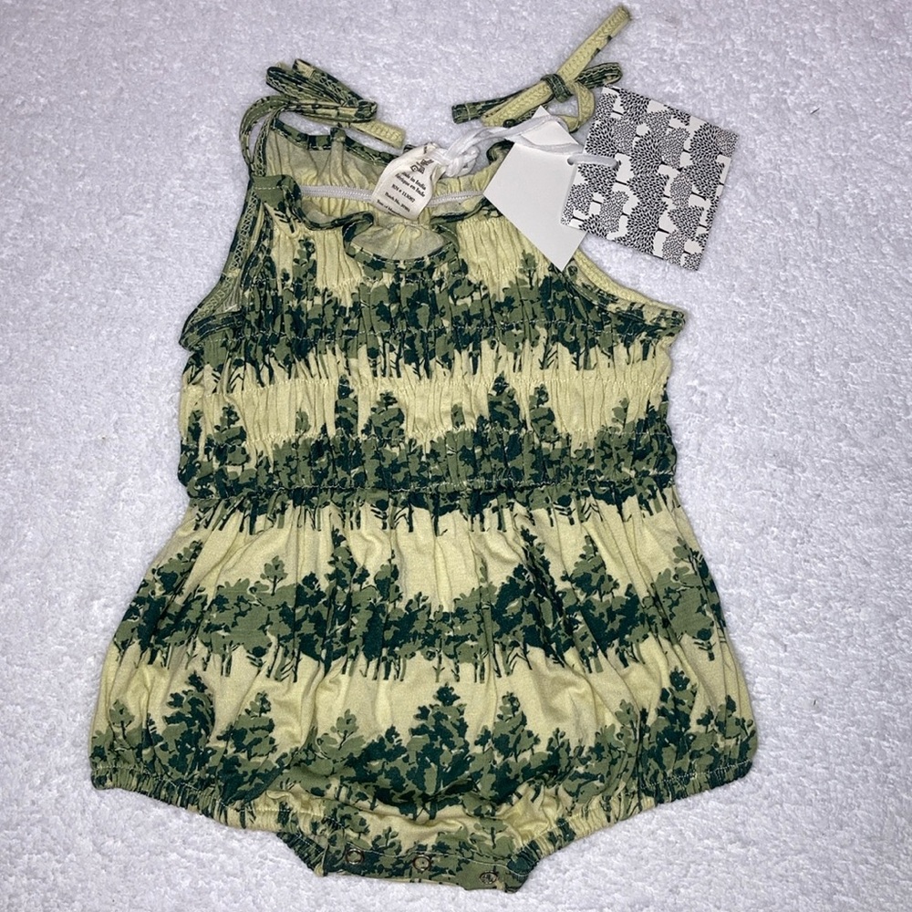 NWT sleeveless bubble | watercolor pine | bamboo kate quinn sunsuit 3/6m